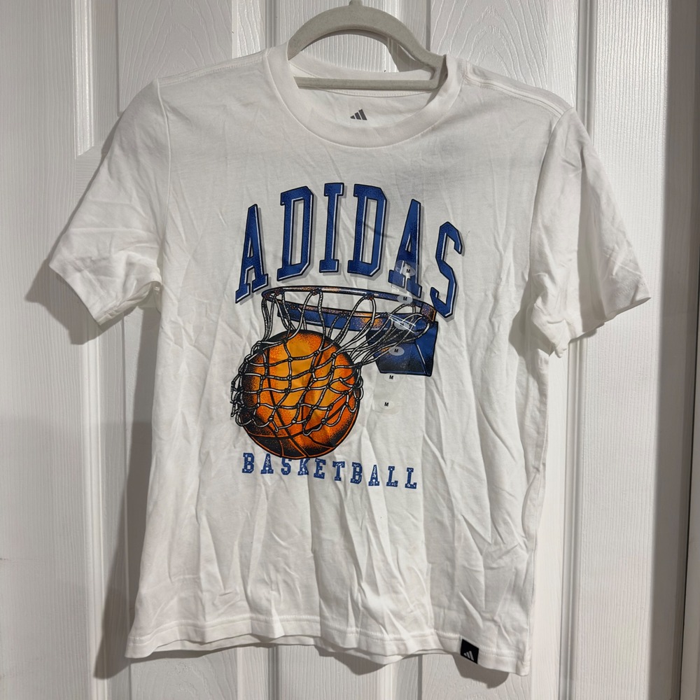 Adidas Boys White Basketball Dunk Graphic T-Shirt Size Medium 10/12 KL6084